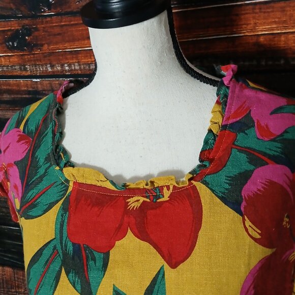 For Cynthia Top Size M Petite PM Linen Viscose Blend Hibiscus Floral Ruffle - Picture 4 of 10
